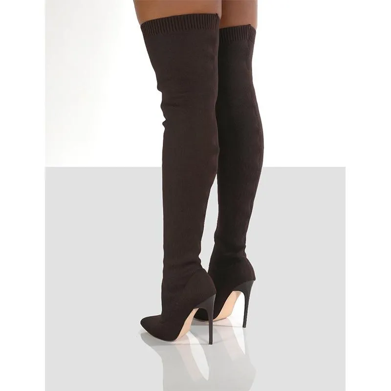 Women stiletto high heel pointed toe knit slip on over the knee boots