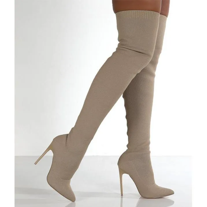 Women stiletto high heel pointed toe knit slip on over the knee boots