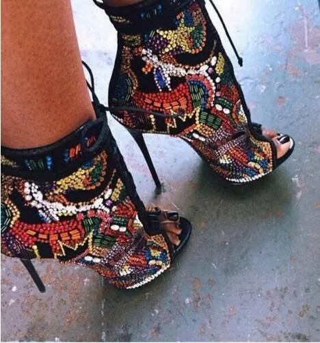 Women's Boots Multicolor Crystal Ankle Boots Open Toe Lace-up Shoes