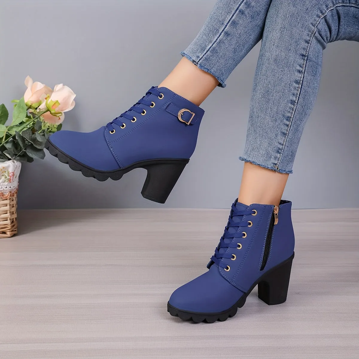 Women's Chunky Heeled Ankle Boots, Buckle Strap Side Zipper High Heeled Booties, Fashion Lace Up Short Boots