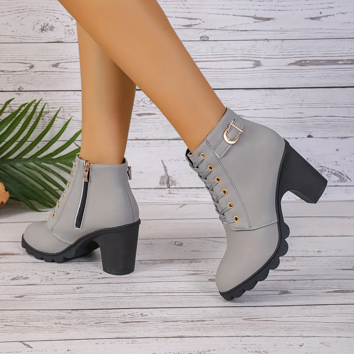 Women's Chunky Heeled Ankle Boots, Buckle Strap Side Zipper High Heeled Booties, Fashion Lace Up Short Boots