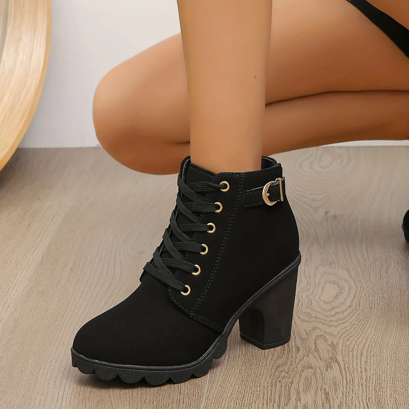 Women's Chunky Heeled Ankle Boots, Buckle Strap Side Zipper High Heeled Booties, Fashion Lace Up Short Boots