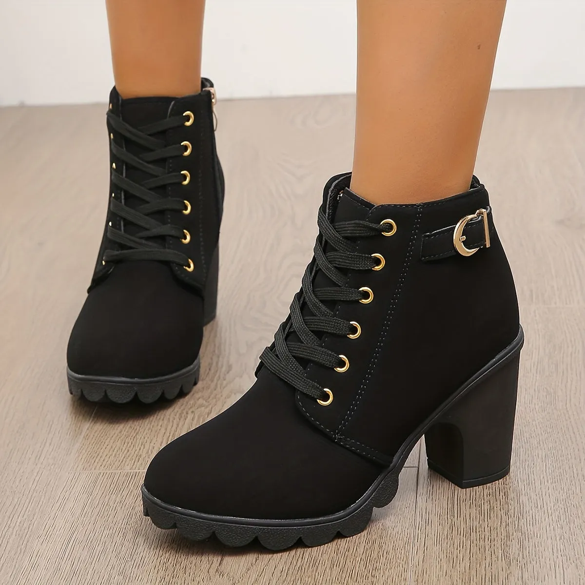 Women's Chunky Heeled Ankle Boots, Buckle Strap Side Zipper High Heeled Booties, Fashion Lace Up Short Boots