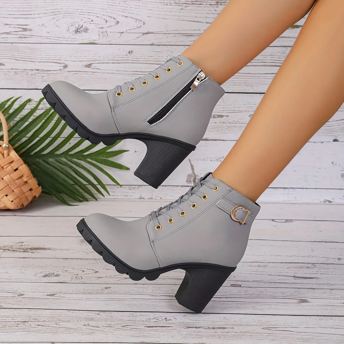 Women's Chunky Heeled Ankle Boots, Buckle Strap Side Zipper High Heeled Booties, Fashion Lace Up Short Boots