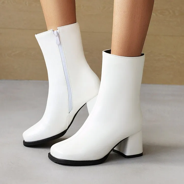 Women's Pu Leather Round Toe Side Zippers Block Heel Short Boots