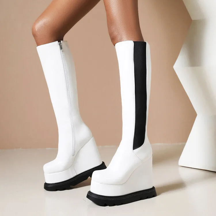 Women's Pu Leather Square Toe Bicolor Side Zippers Wedge Heel Platform Knee High Boots