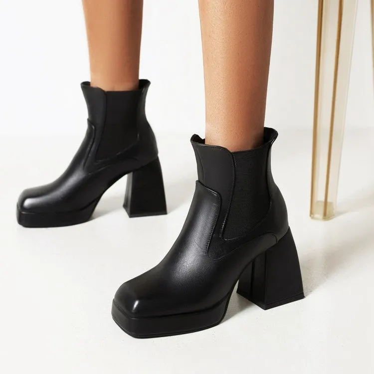 Women's Pu Leather Square Toe Patchwork Block Heel Platform Short Boots