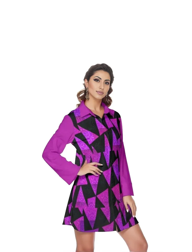 Women's Royal Tri Prism Lapel Shirt Dress With Long Sleeve