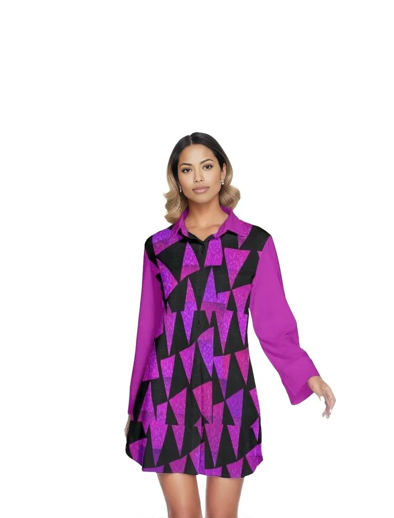 Women's Royal Tri Prism Lapel Shirt Dress With Long Sleeve