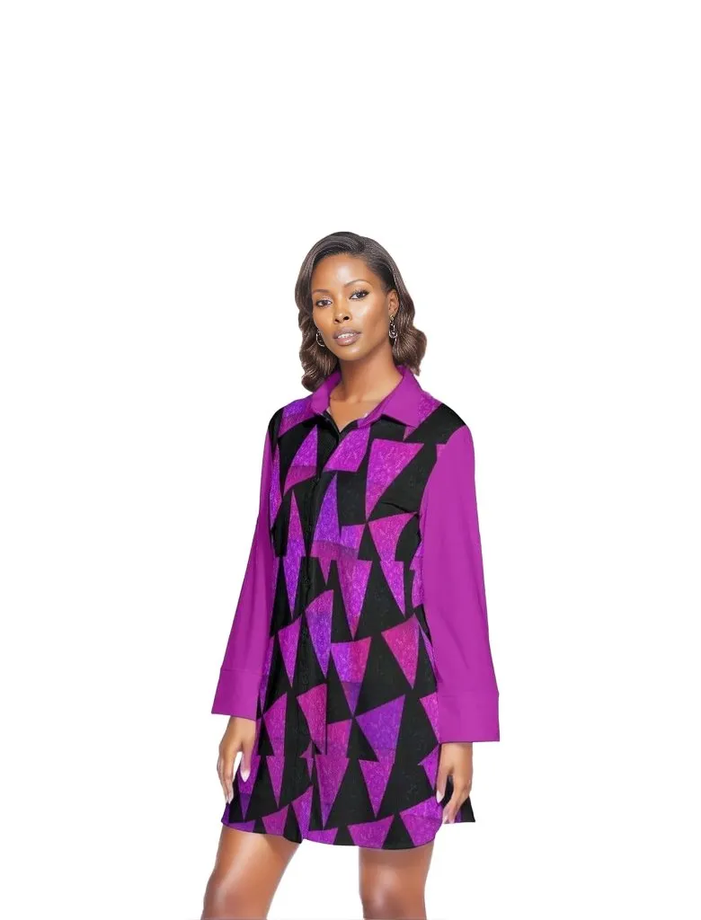 Women's Royal Tri Prism Lapel Shirt Dress With Long Sleeve