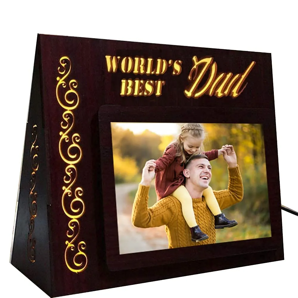 Wood Gift Jaipur Personalised Worlds Best Dad Photo Led Lamp Frame - Perfect Birthday Fathers Day Retirement Gift, Pack of 1 (Brown)