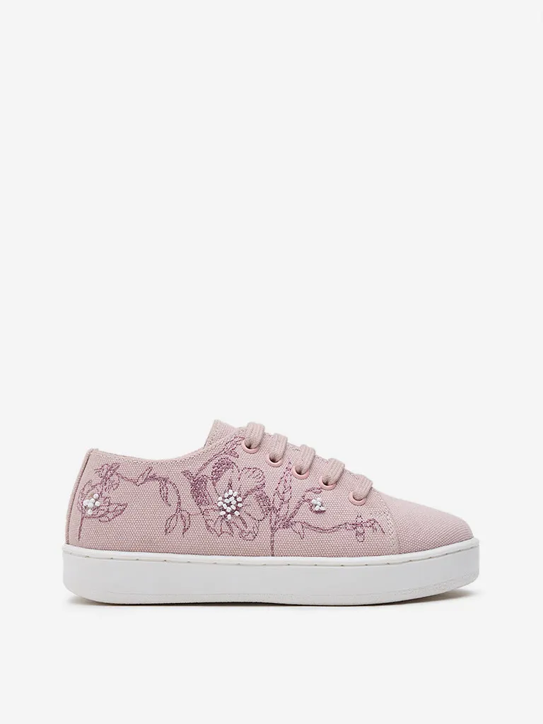 Yellow Pink Floral Embroidered Lace-Up Sneakers