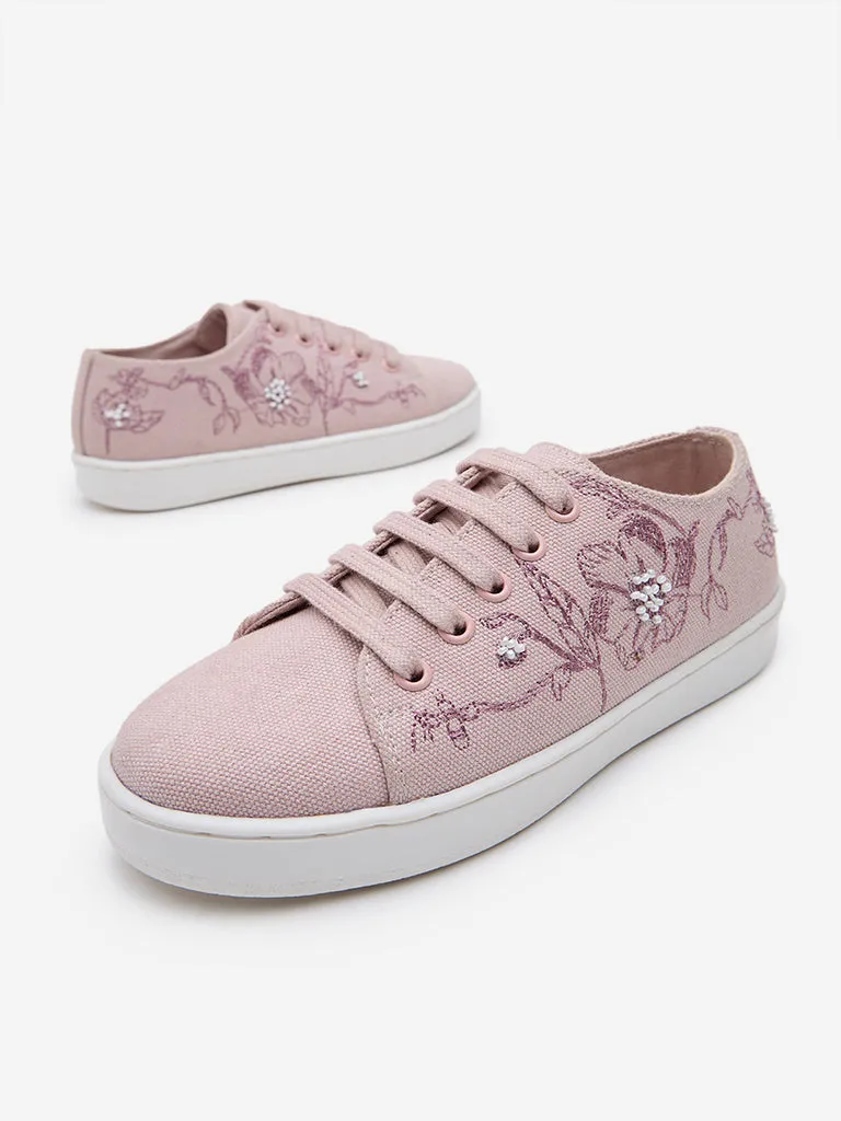 Yellow Pink Floral Embroidered Lace-Up Sneakers